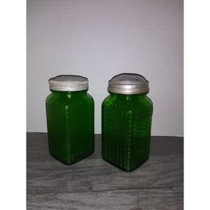 Owens Illinois 4.5" Green Depression Glass Shaker Canisters - 1930s waffle